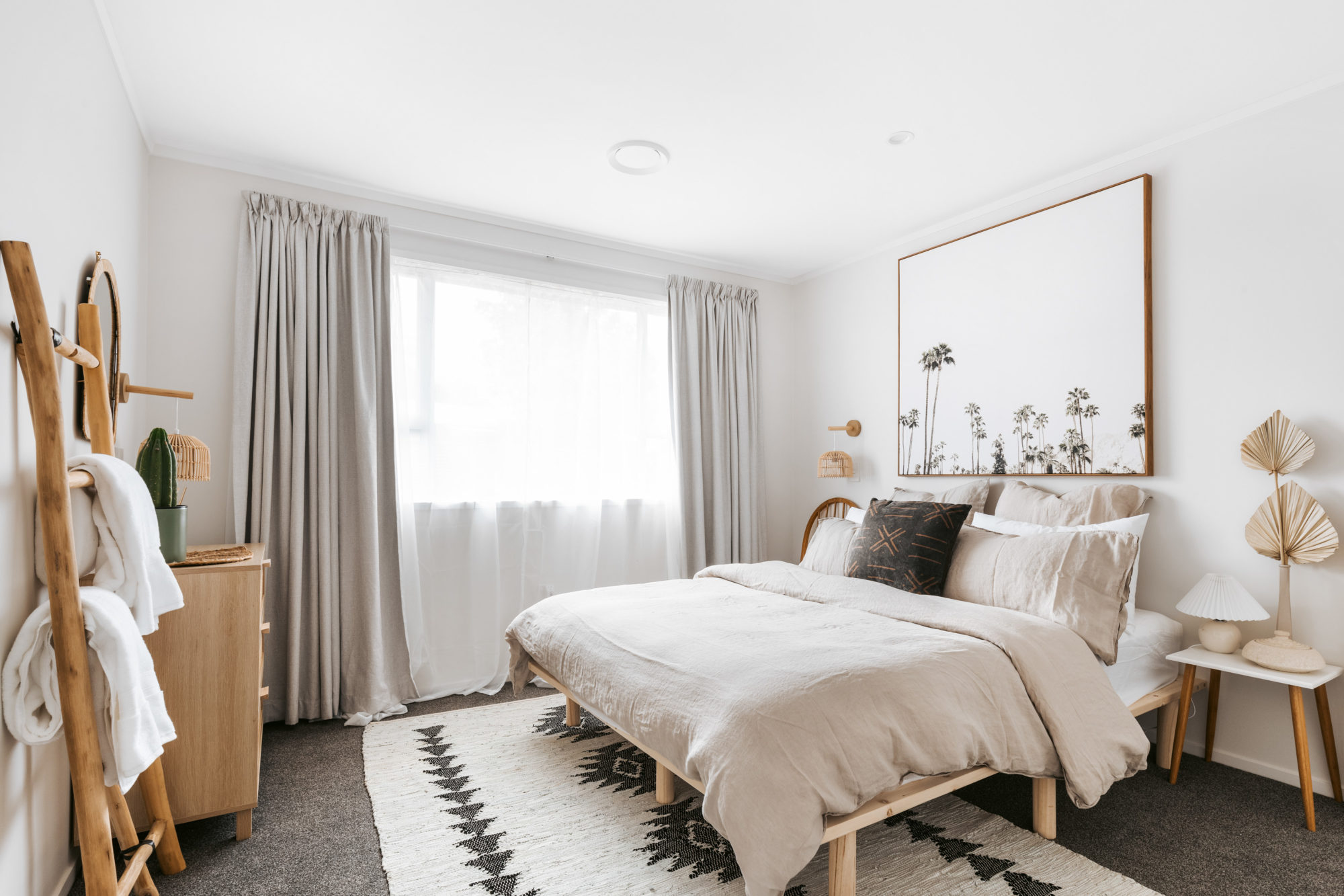 Boho styled bedroom at the San Pedro holiday home, Topaz Drive in Papamoa.