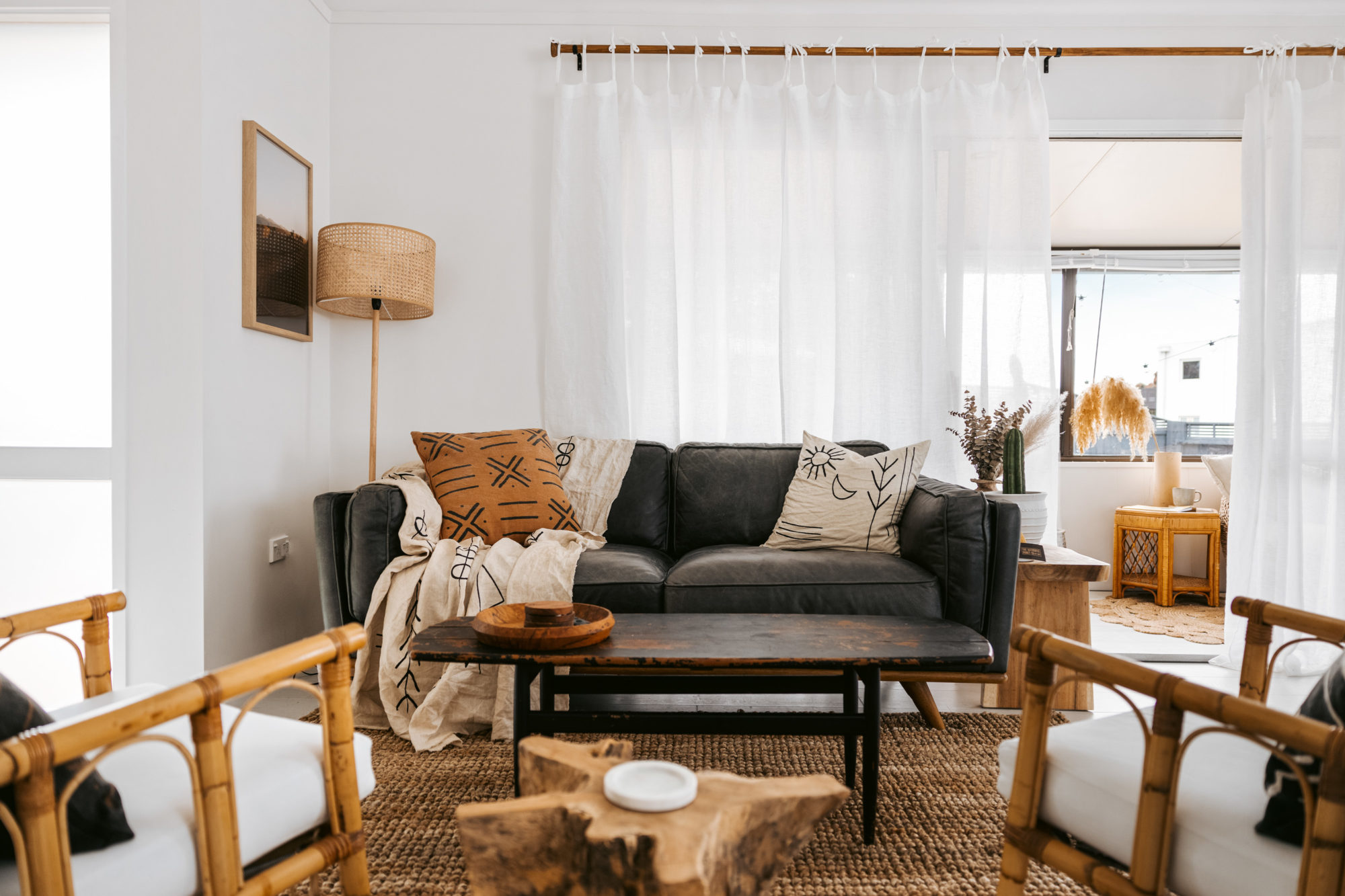 Boho styled living room at The San Pedro, Topaz Drive, Papamoa.